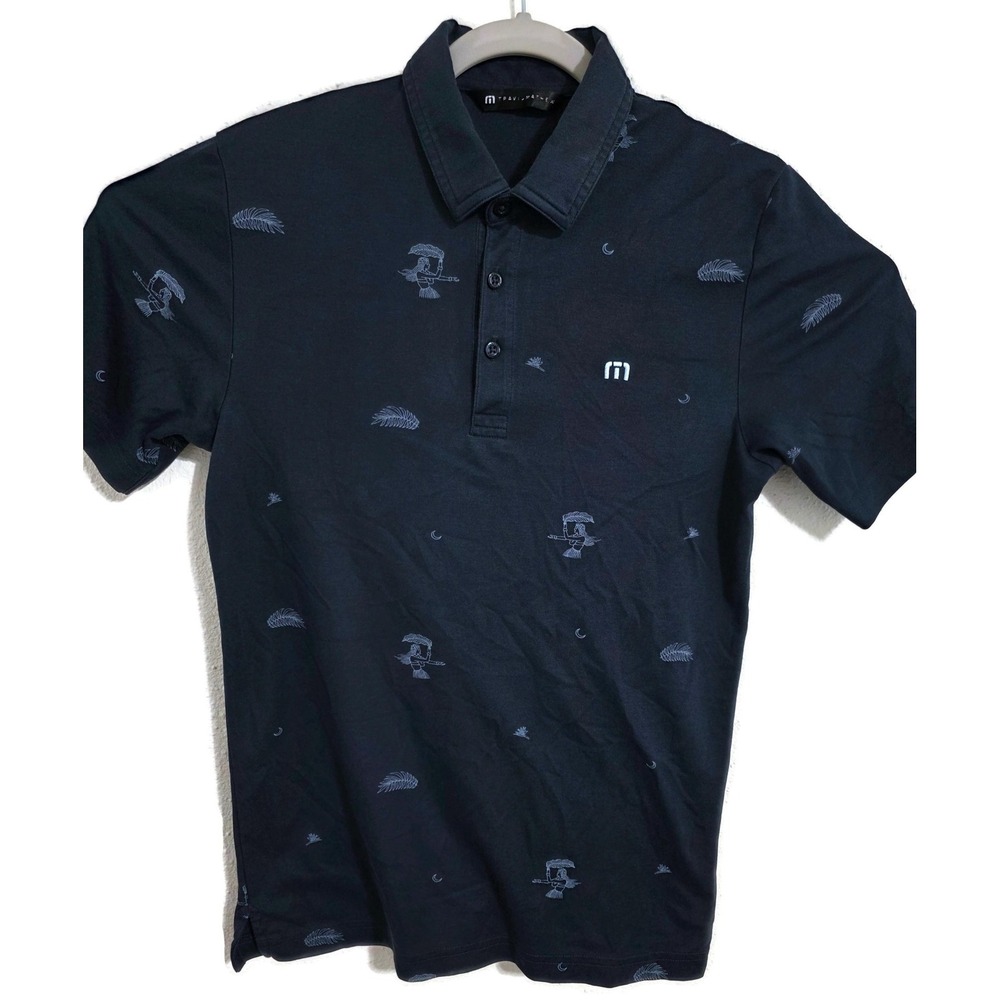 TravisMathew Polo Shirt Mens Small Blue Novelty Graphic Golf Casual Short Sleeve